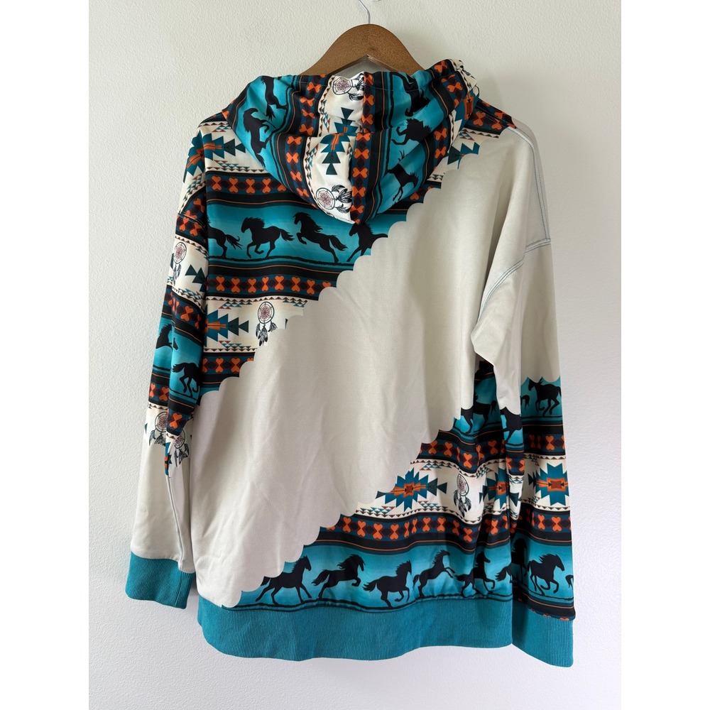 anaoree Women's Large Southwestern Horse Print Hoodie Teal Cream Western Boho - Picture 3 of 9